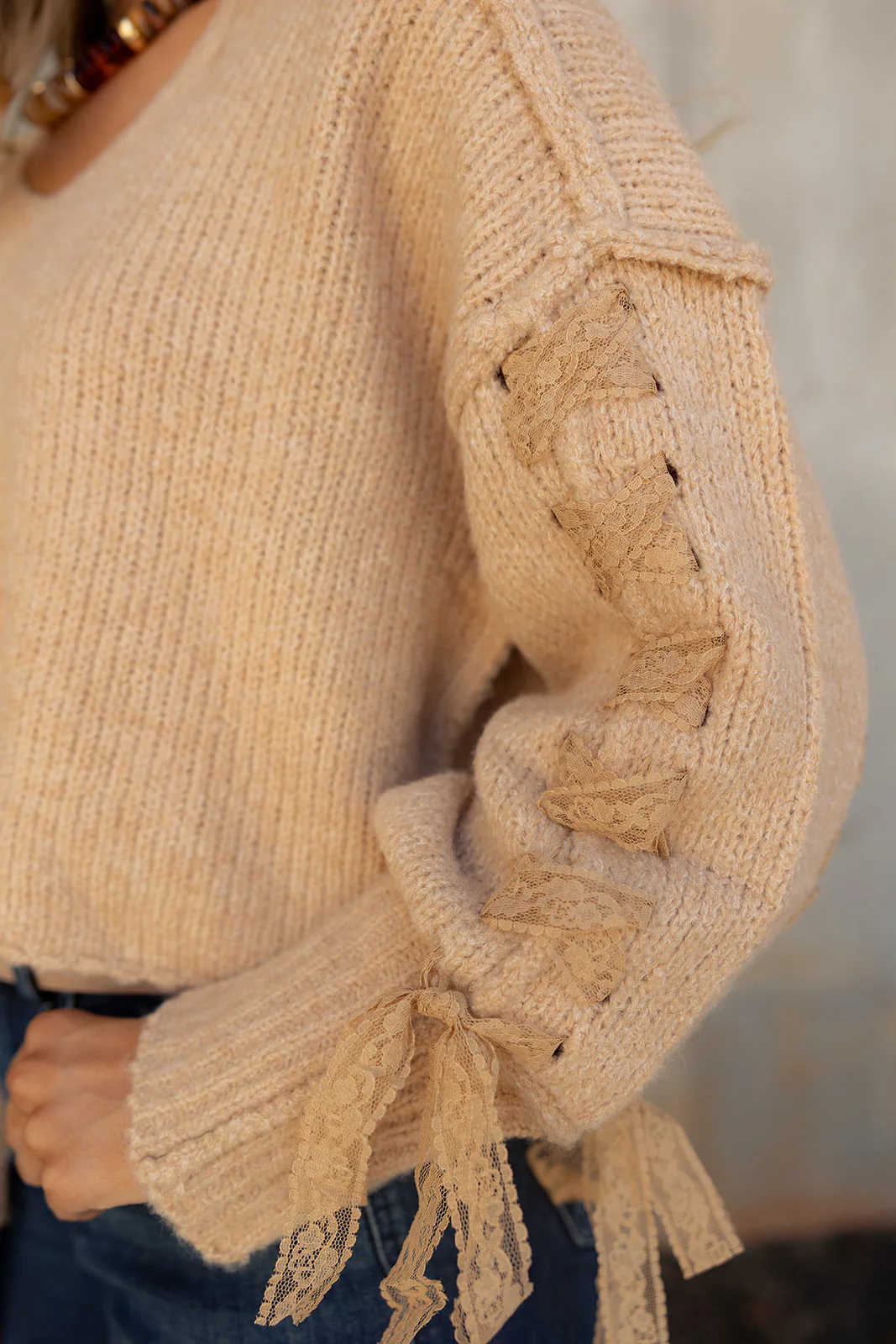 Brynna Taupe Lace Tie & Knit Sweater - Image 2