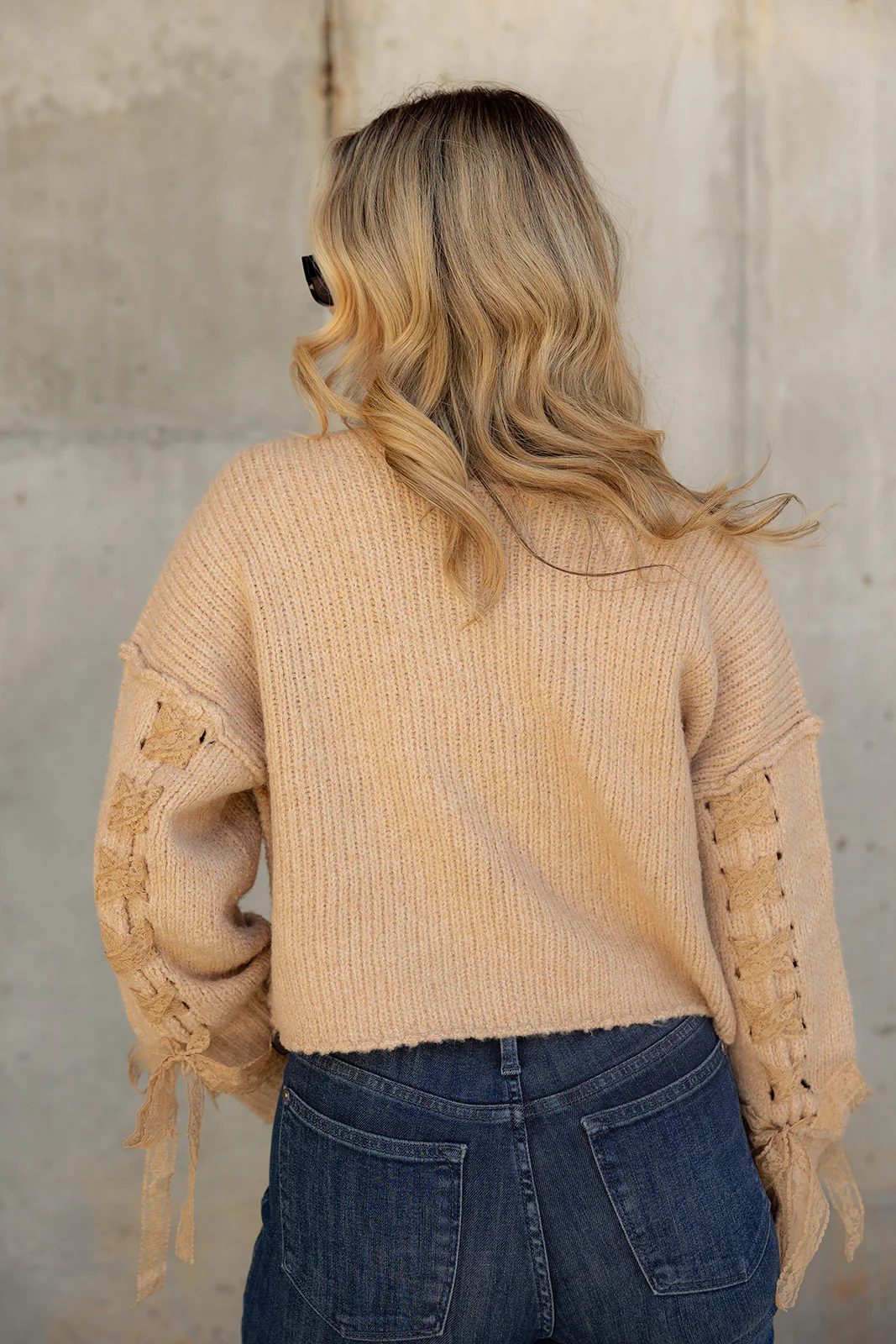 Brynna Taupe Lace Tie & Knit Sweater - Image 4