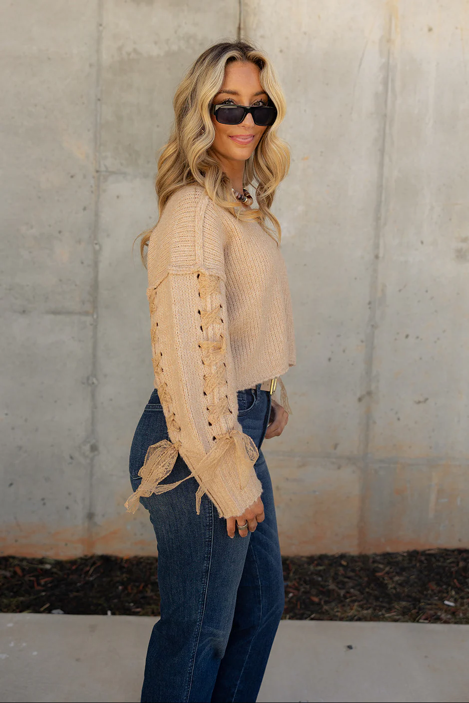 Brynna Taupe Lace Tie & Knit Sweater - Image 9