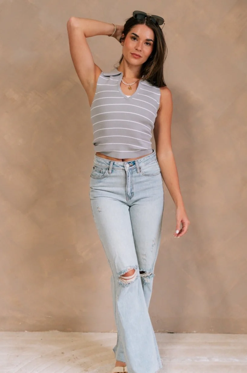 Cali Grey and White Stripe Sleeveless Tank - Image 4