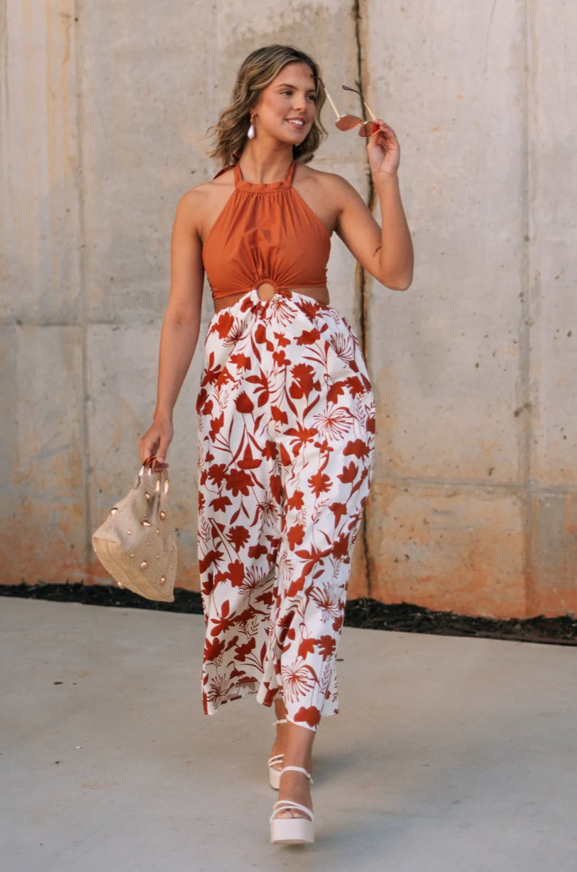 Cali Rust & Cream Cutout Floral Jumpsuit - Image 4