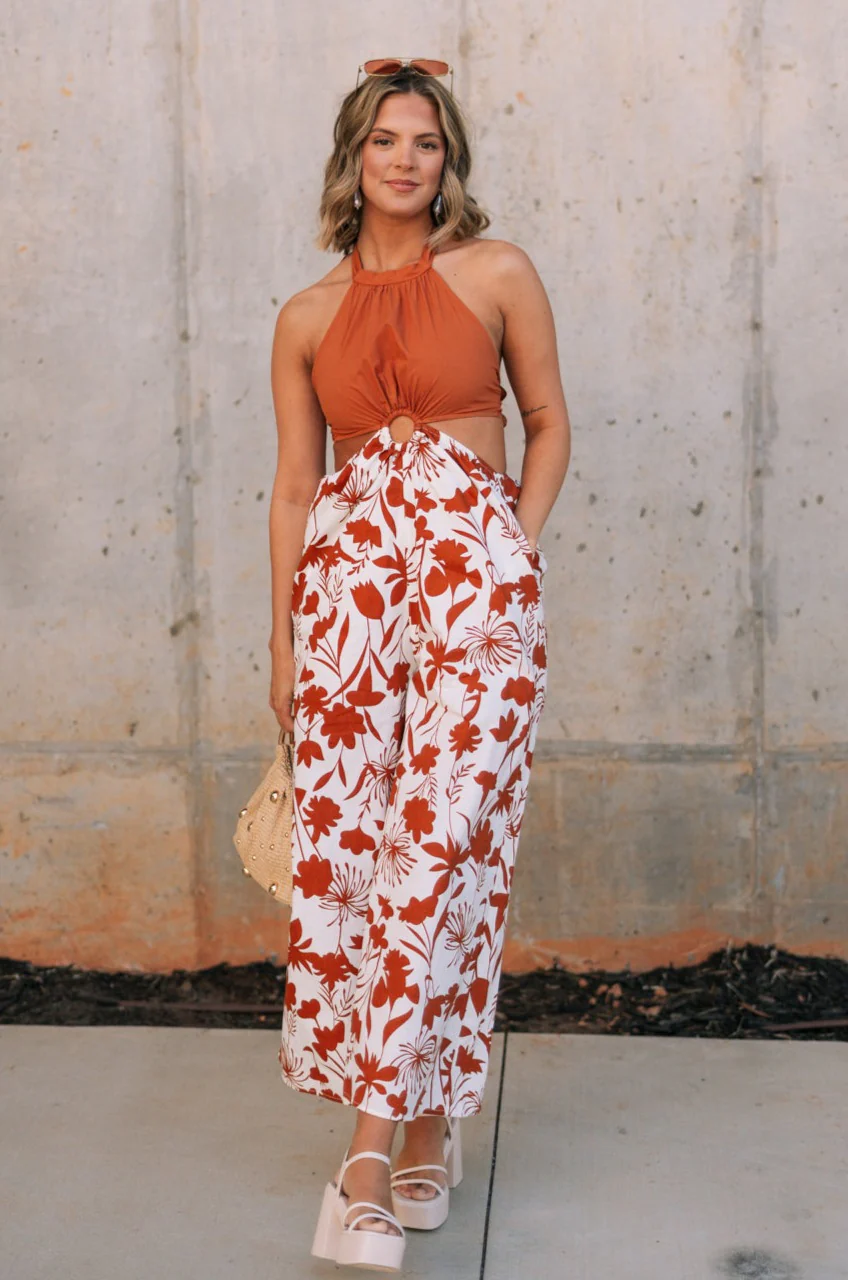 Cali Rust & Cream Cutout Floral Jumpsuit - Image 5