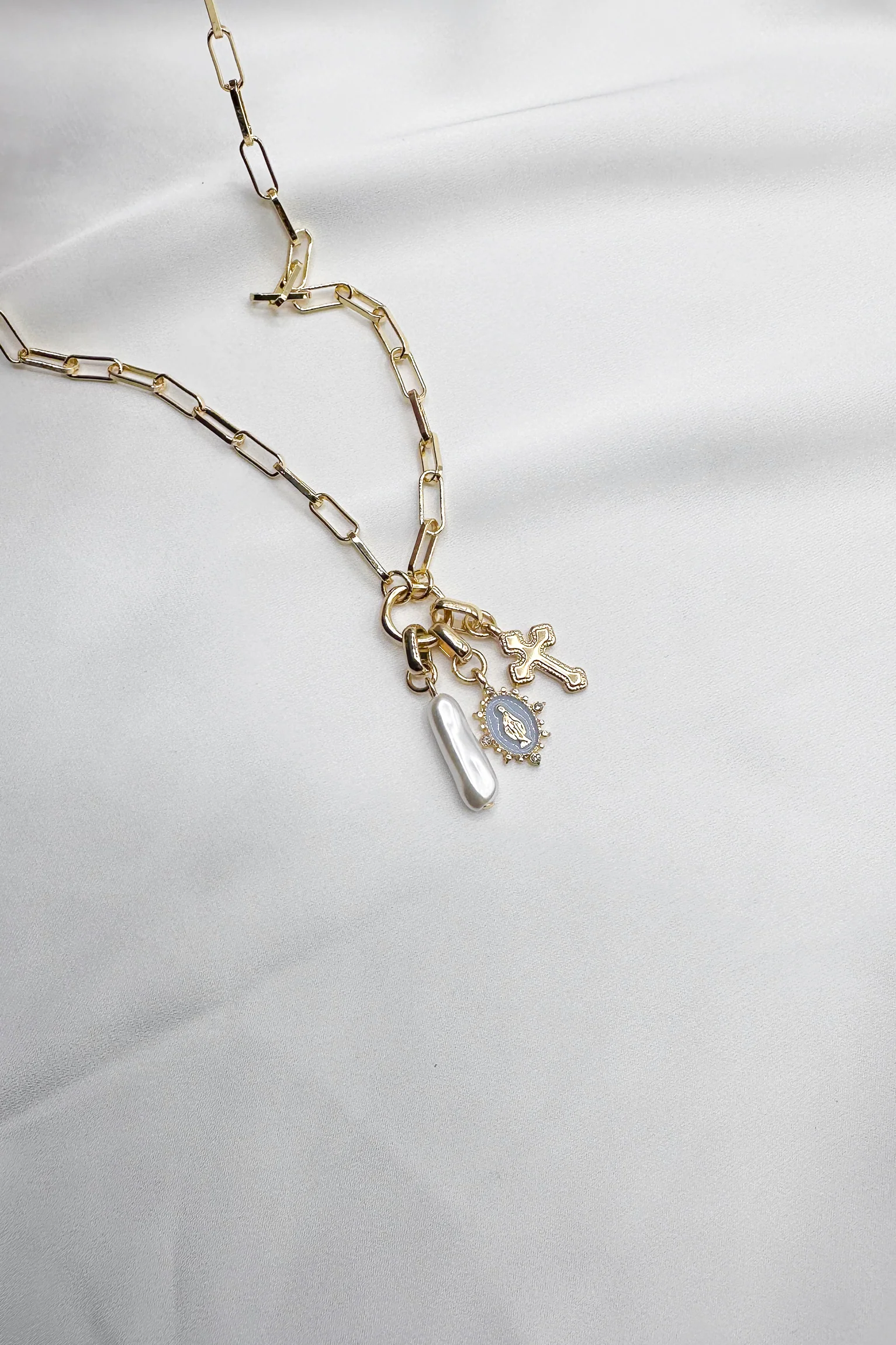 Calista Gold Pearl & Cross Medallion Necklace - Image 2