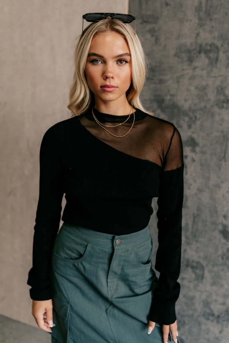 Callie Black Mesh Detail Long Sleeve Top - Image 2