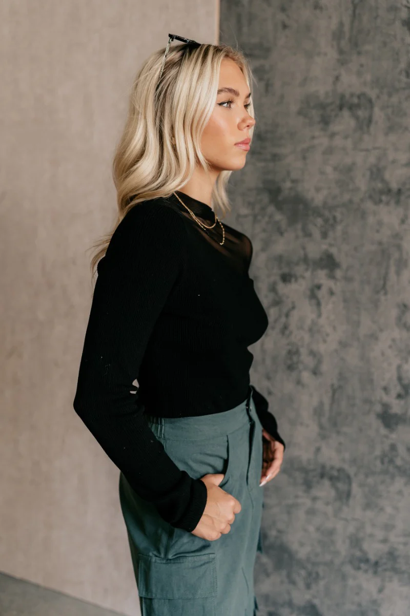 Callie Black Mesh Detail Long Sleeve Top - Image 3