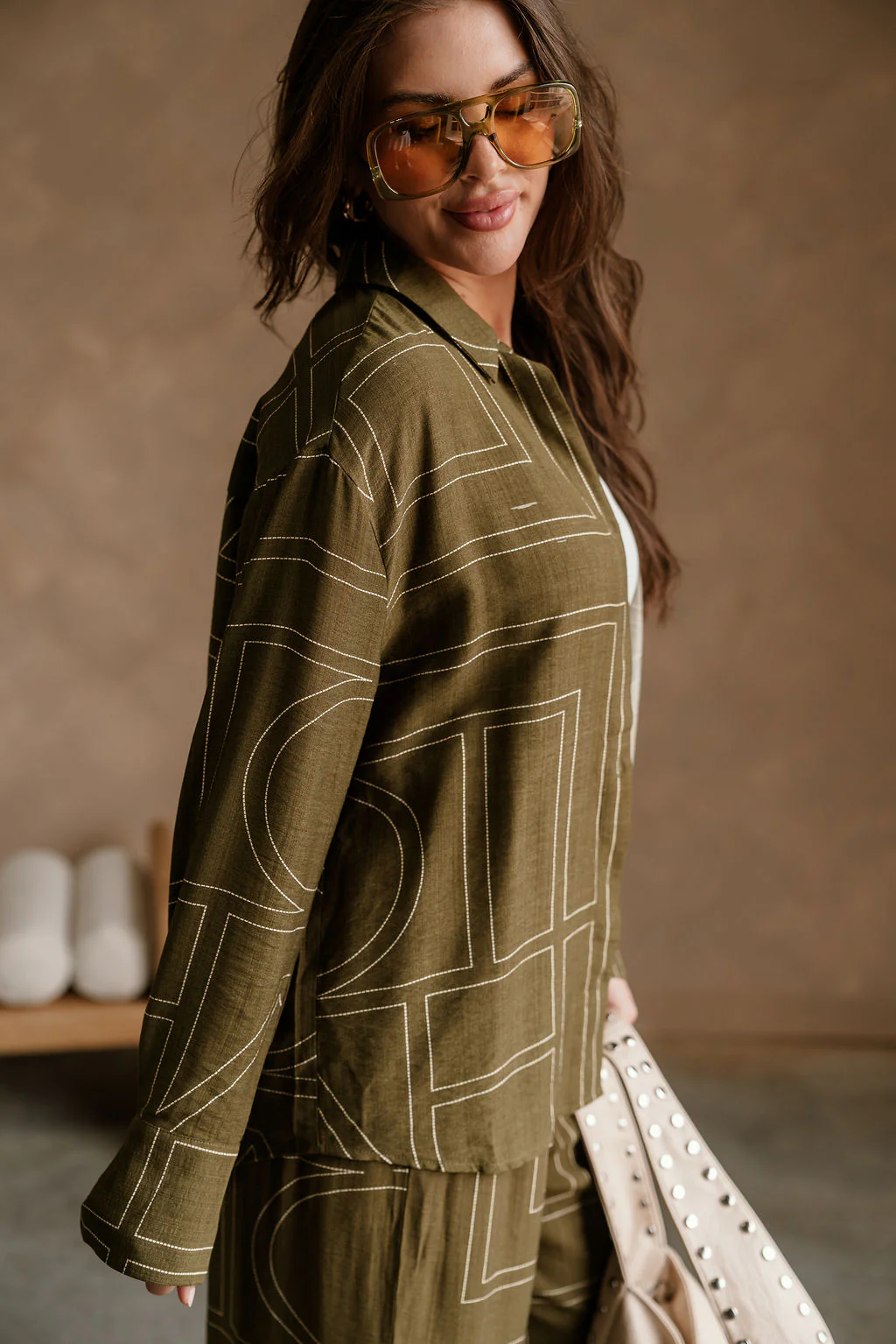 Calyn Olive & Cream Printed Button-Up Top - Image 5