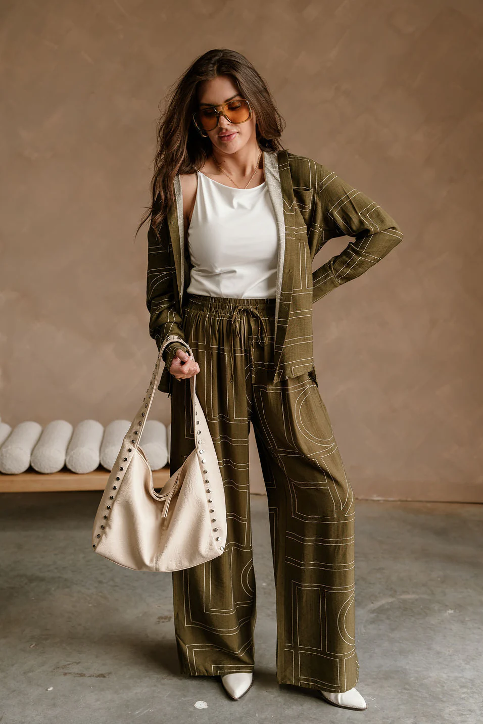 Calyn Olive & Cream Printed Wide Leg Pants - Image 3