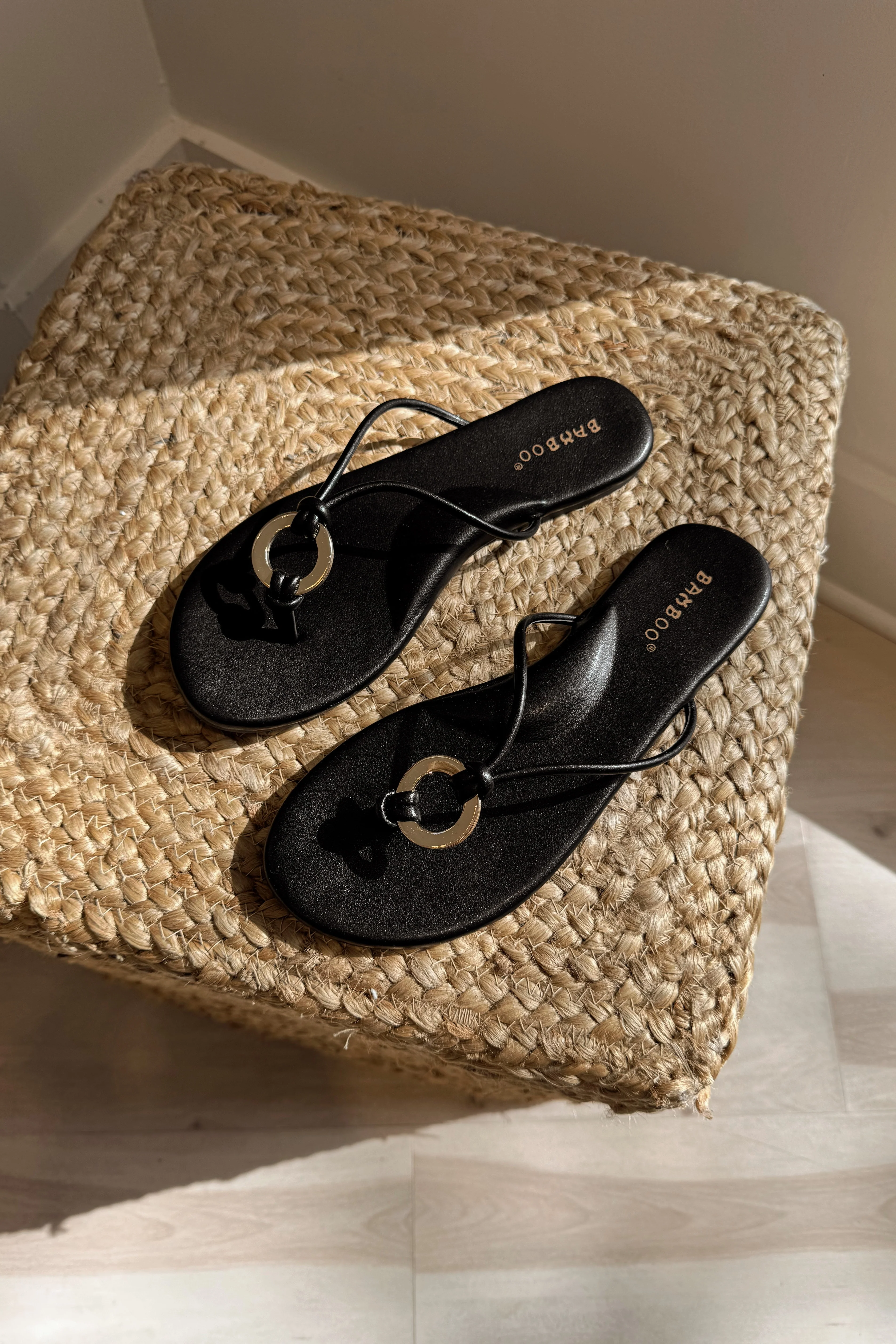 Cambria Black & Gold Metal Thong Sandal