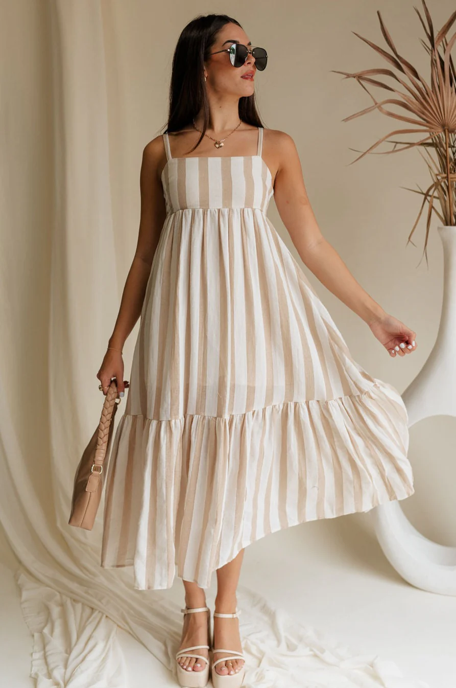 Camila Cream & Taupe Stripe Midi Dress