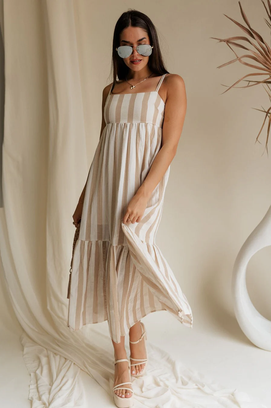 Camila Cream & Taupe Stripe Midi Dress - Image 2