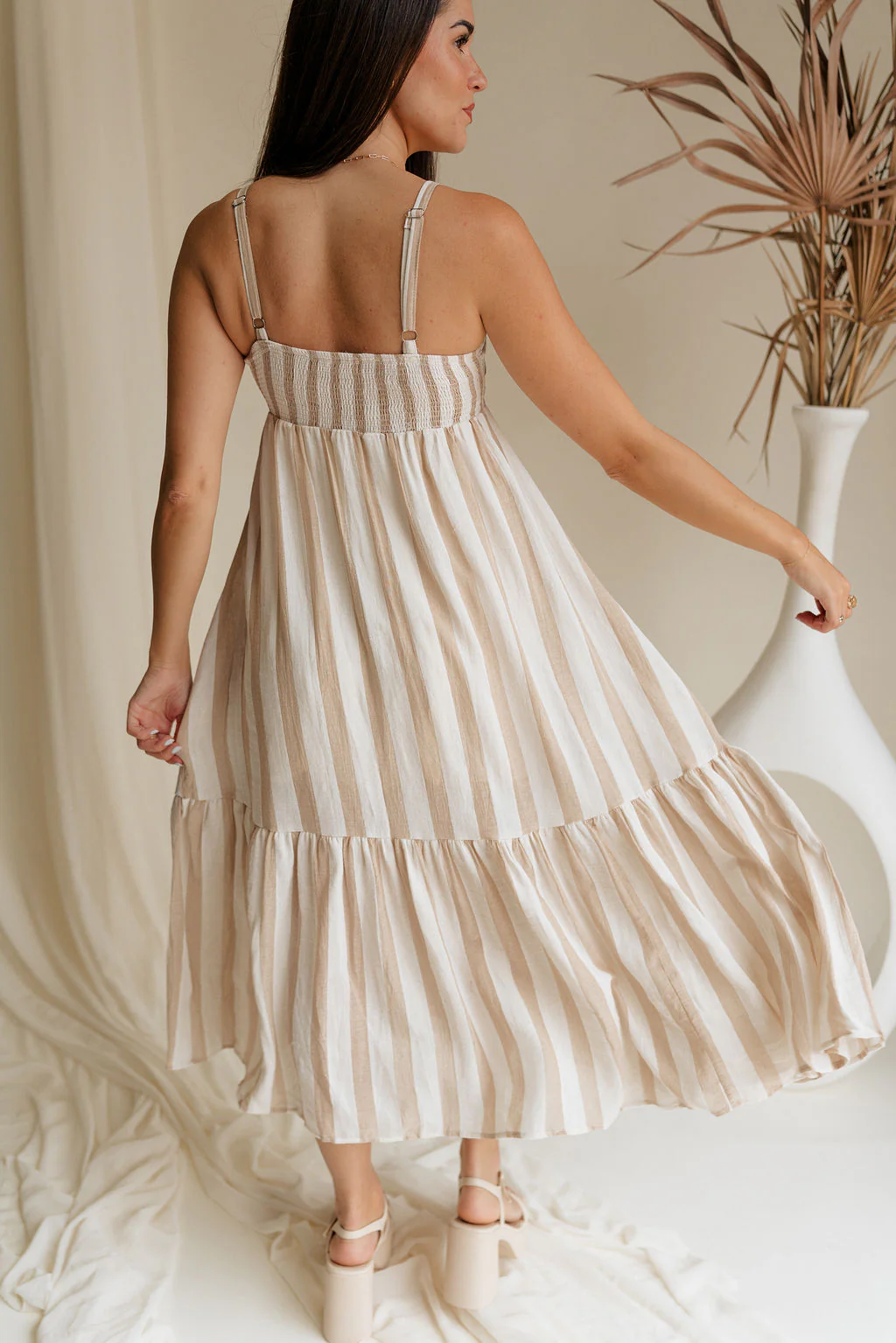 Camila Cream & Taupe Stripe Midi Dress - Image 4