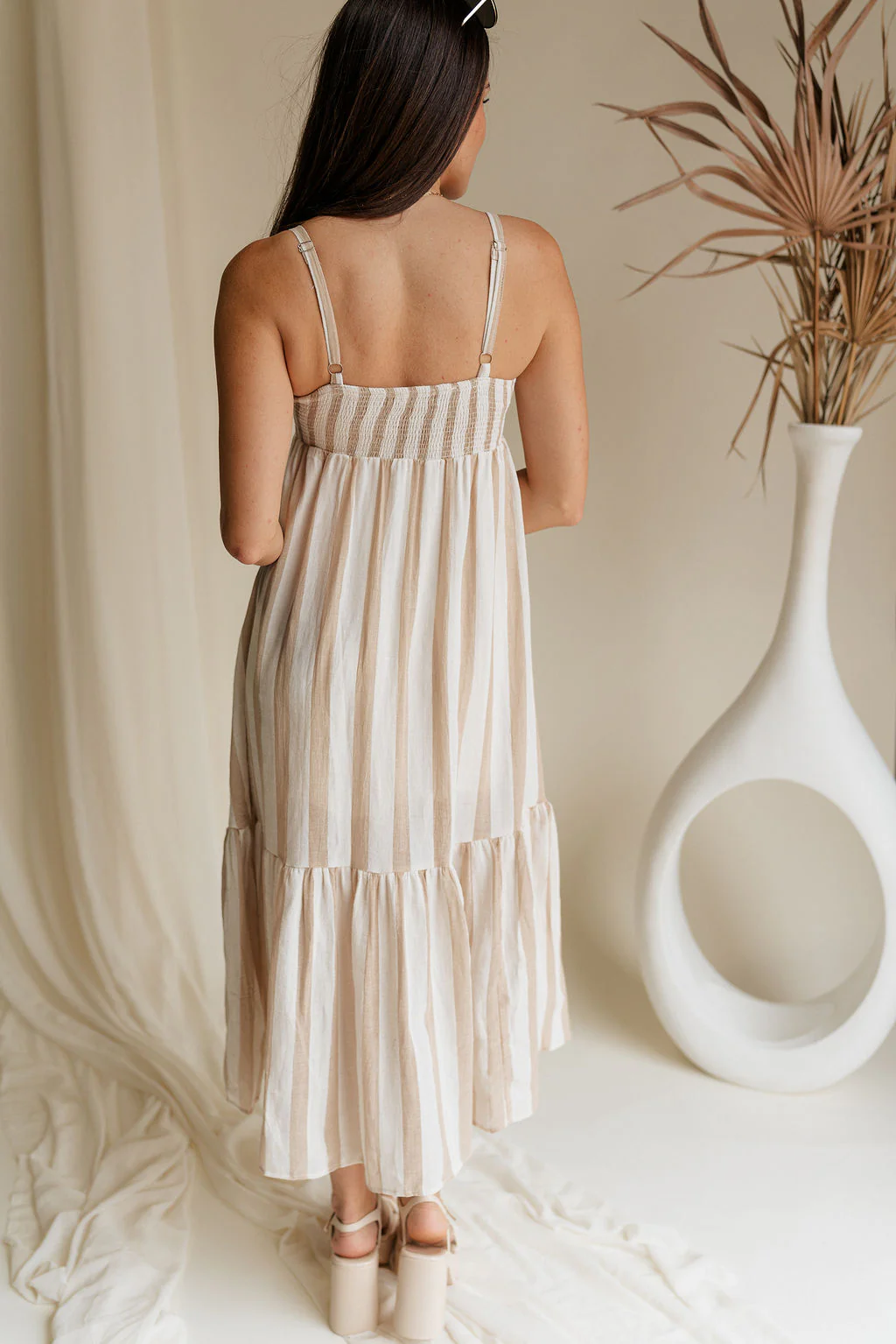 Camila Cream & Taupe Stripe Midi Dress - Image 7