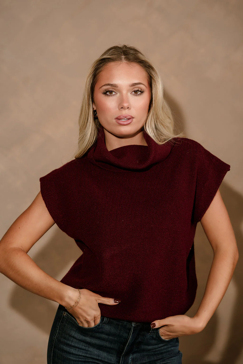 Camille Burgundy Turtleneck Sleeveless Sweater
