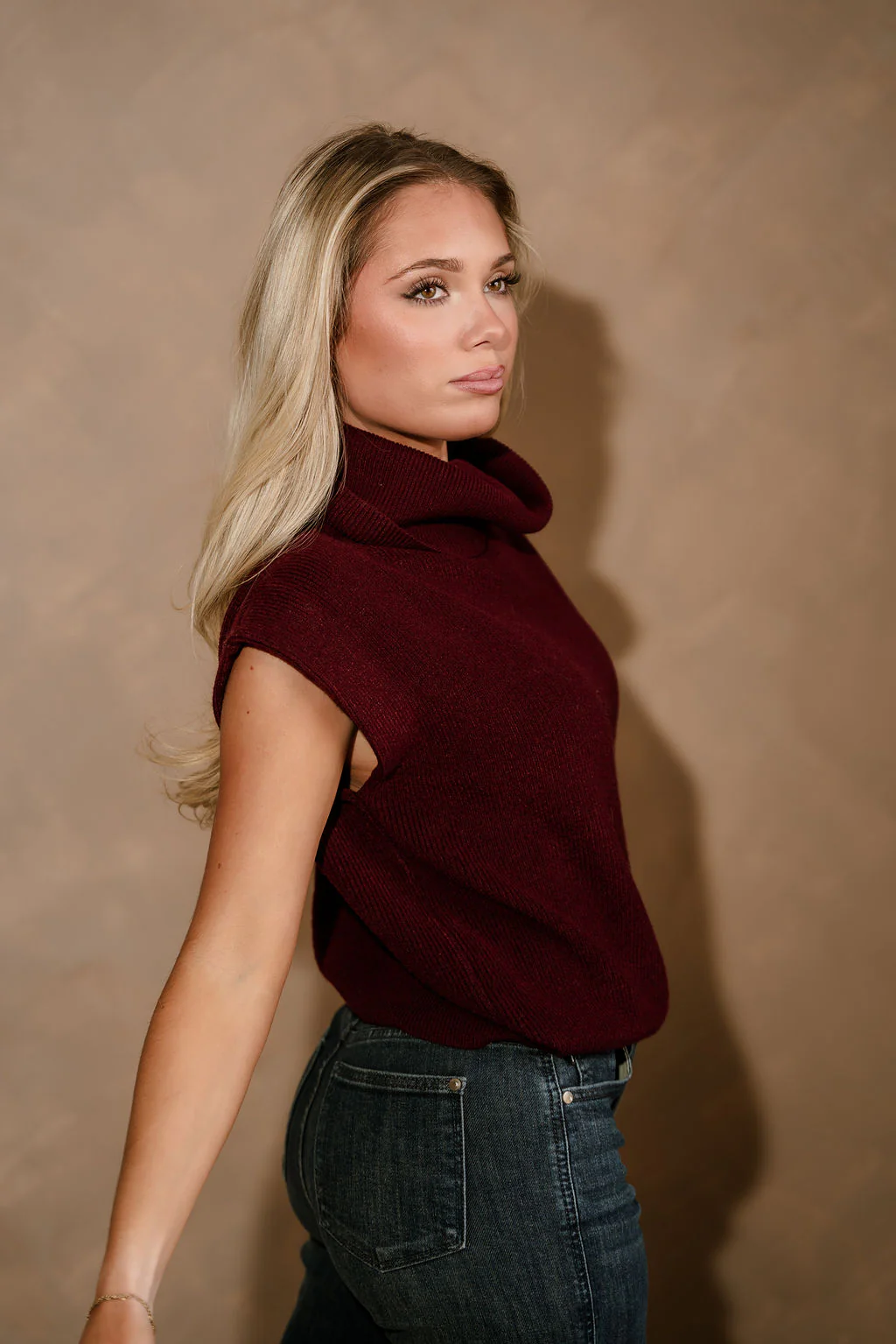 Camille Burgundy Turtleneck Sleeveless Sweater - Image 2