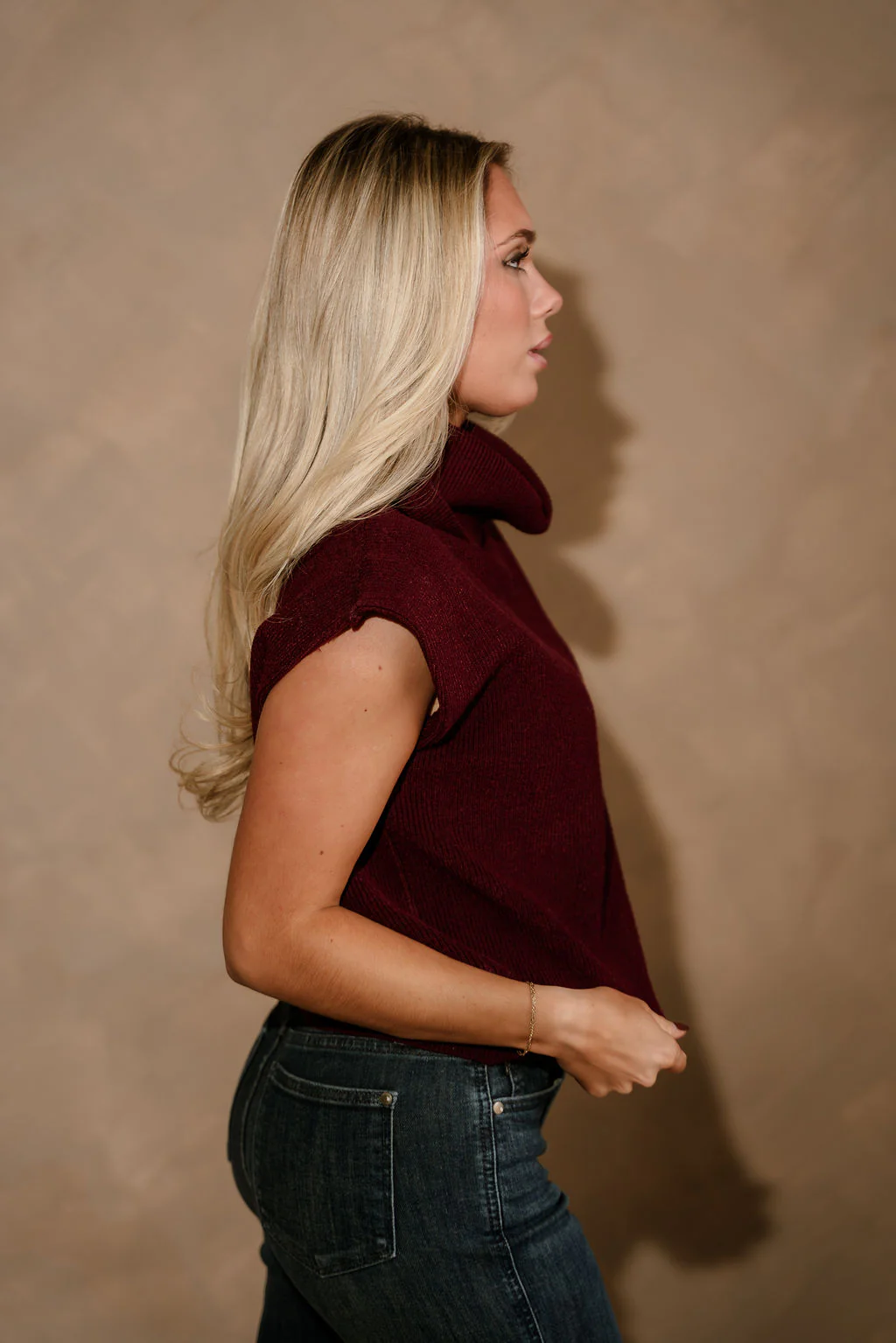 Camille Burgundy Turtleneck Sleeveless Sweater - Image 3