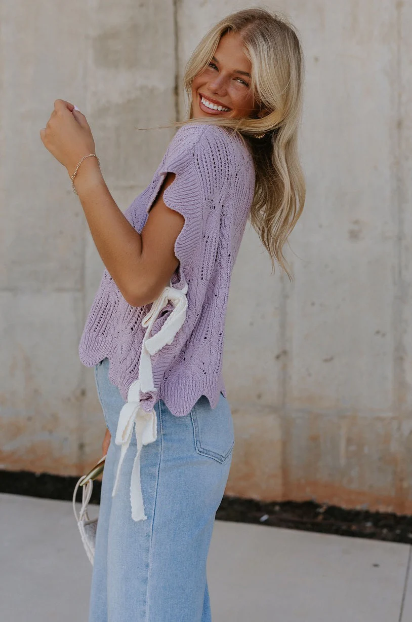 Camille Lavender Knit Side Ties Short Sleeve Top - Image 3