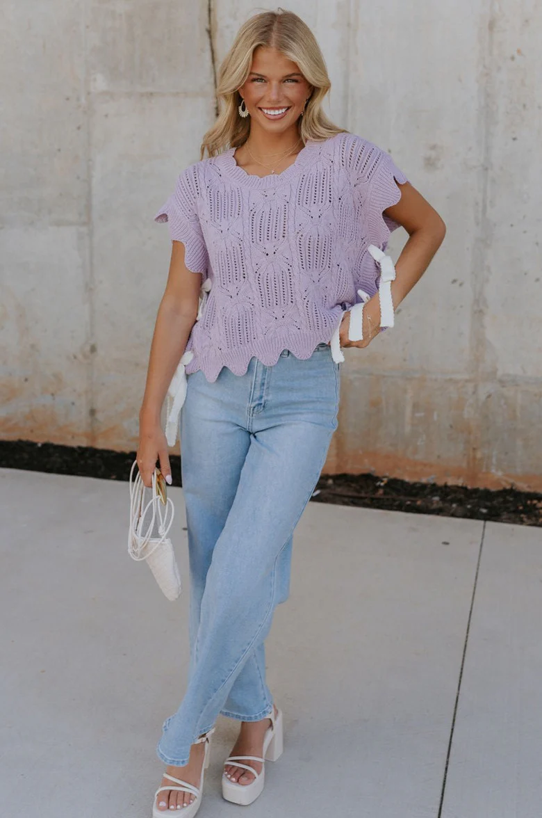 Camille Lavender Knit Side Ties Short Sleeve Top - Image 5