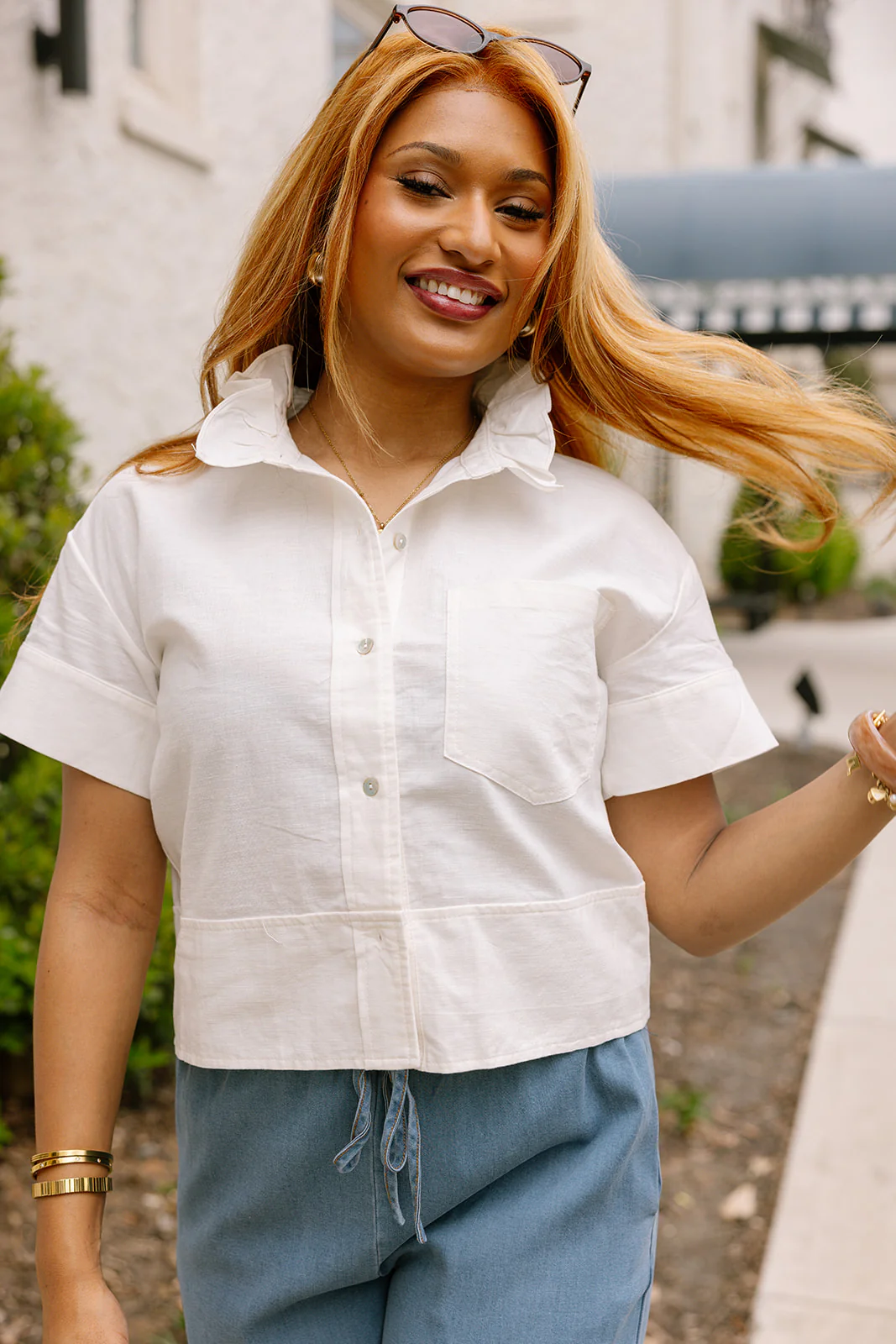 Camille White Linen Ruffle Short Sleeve Top - Image 2