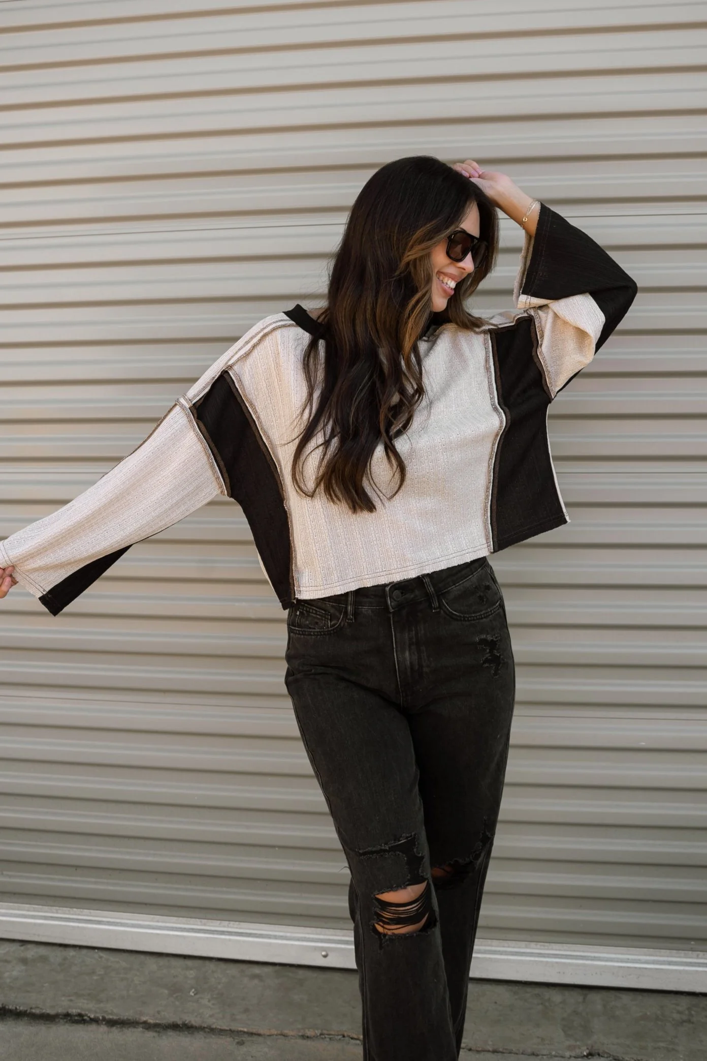 Cammie Cream & Black Color Block Top