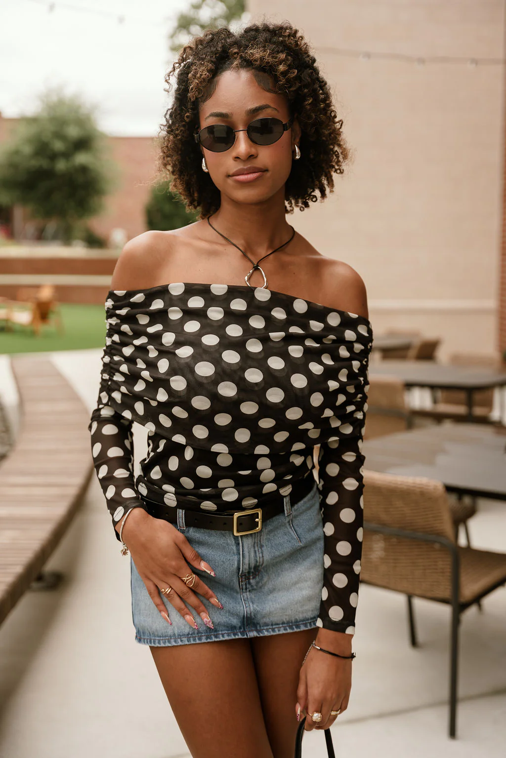 Candice Black Polka Dot Off-The-Shoulder Mesh Top