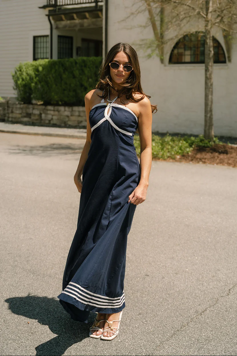 Carina Navy & White Halter Maxi Dress - Image 5