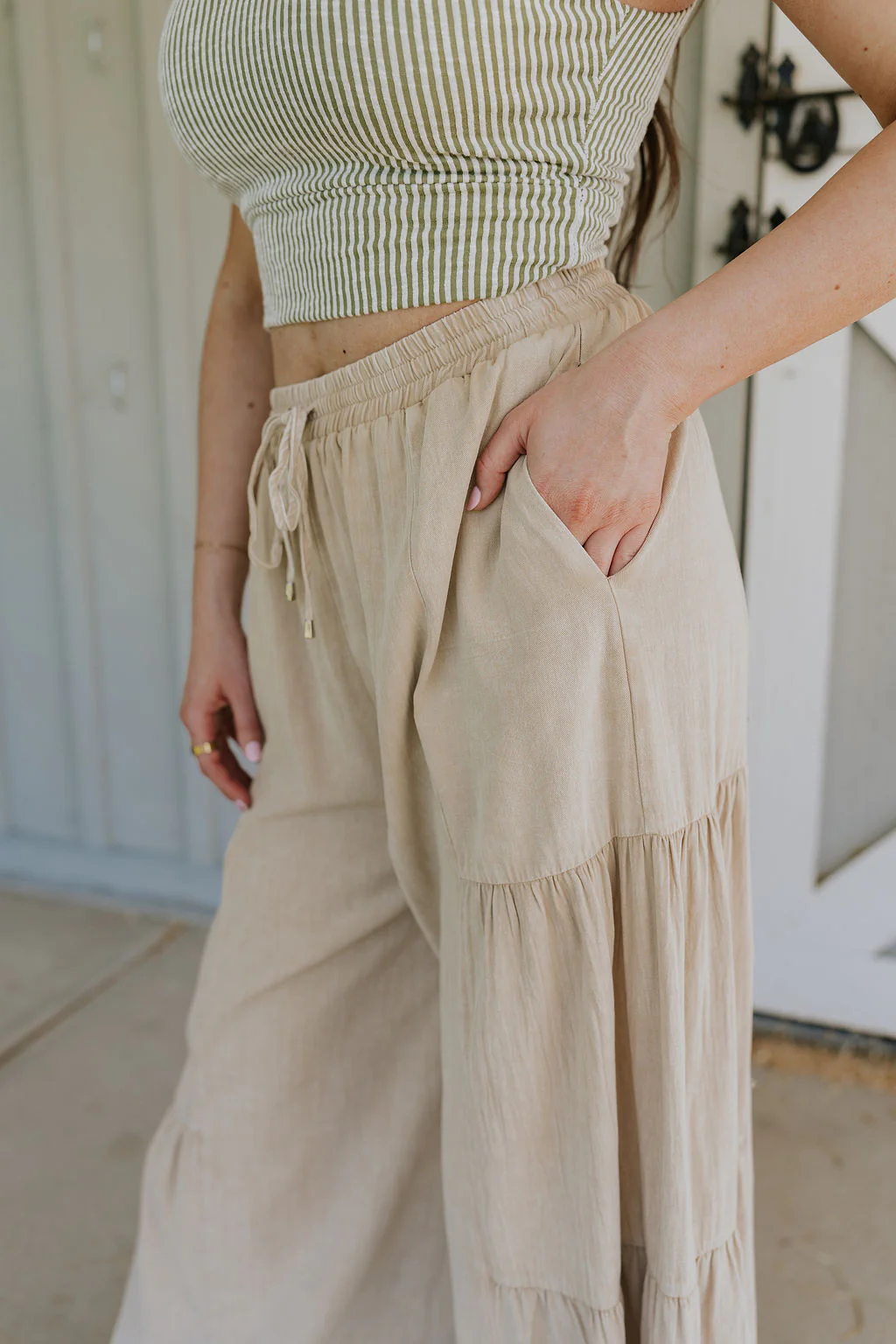 Carissa Washed Taupe Tiered Flare Pants - Image 11