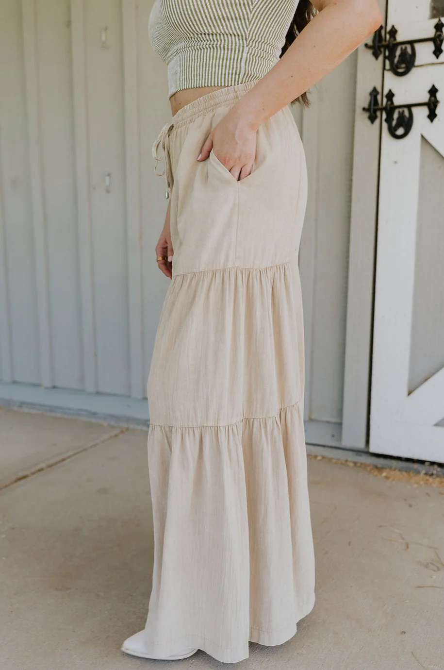 Carissa Washed Taupe Tiered Flare Pants - Image 12