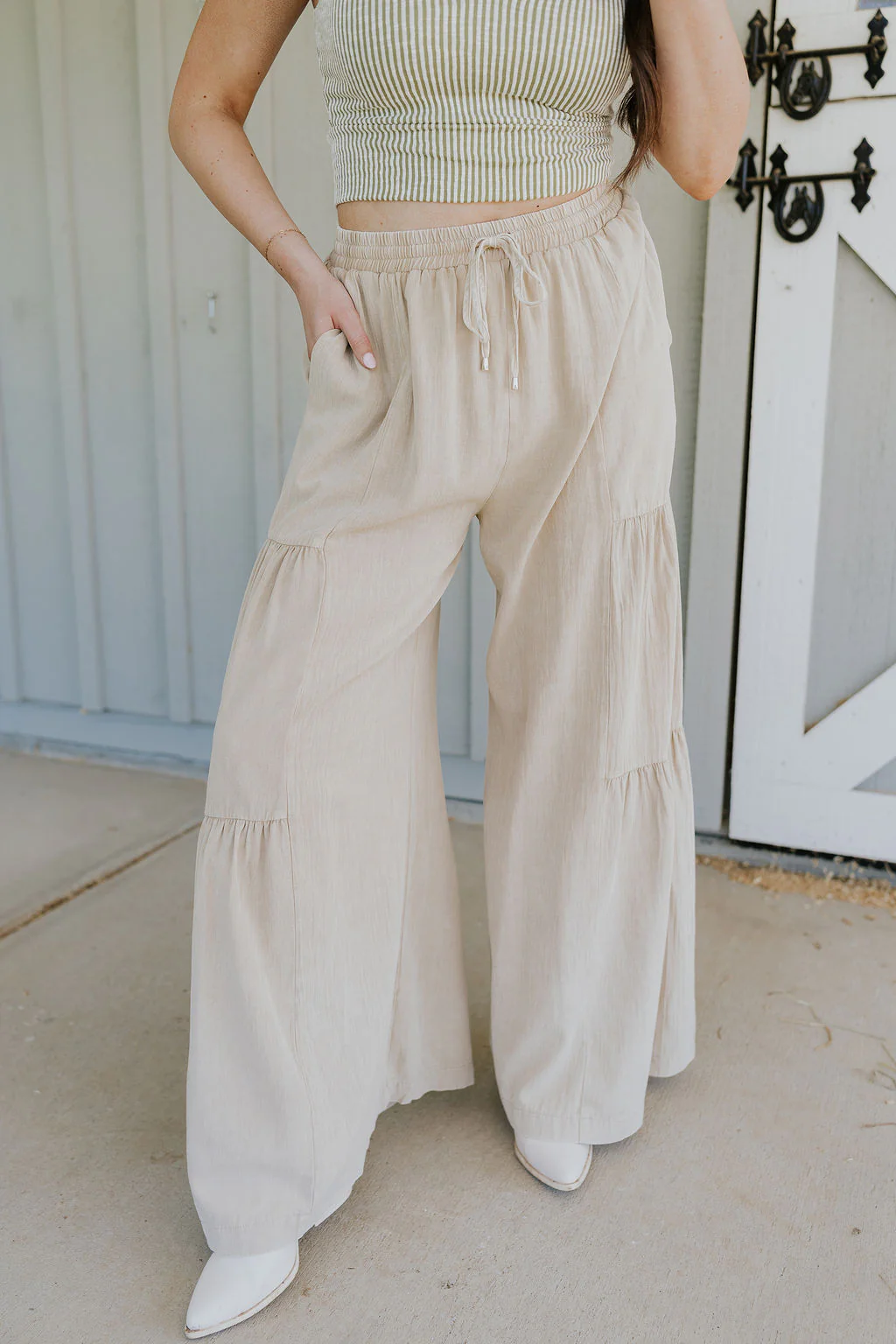 Carissa Washed Taupe Tiered Flare Pants - Image 8