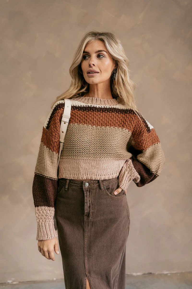 Carli Brown Striped Cropped Sweater