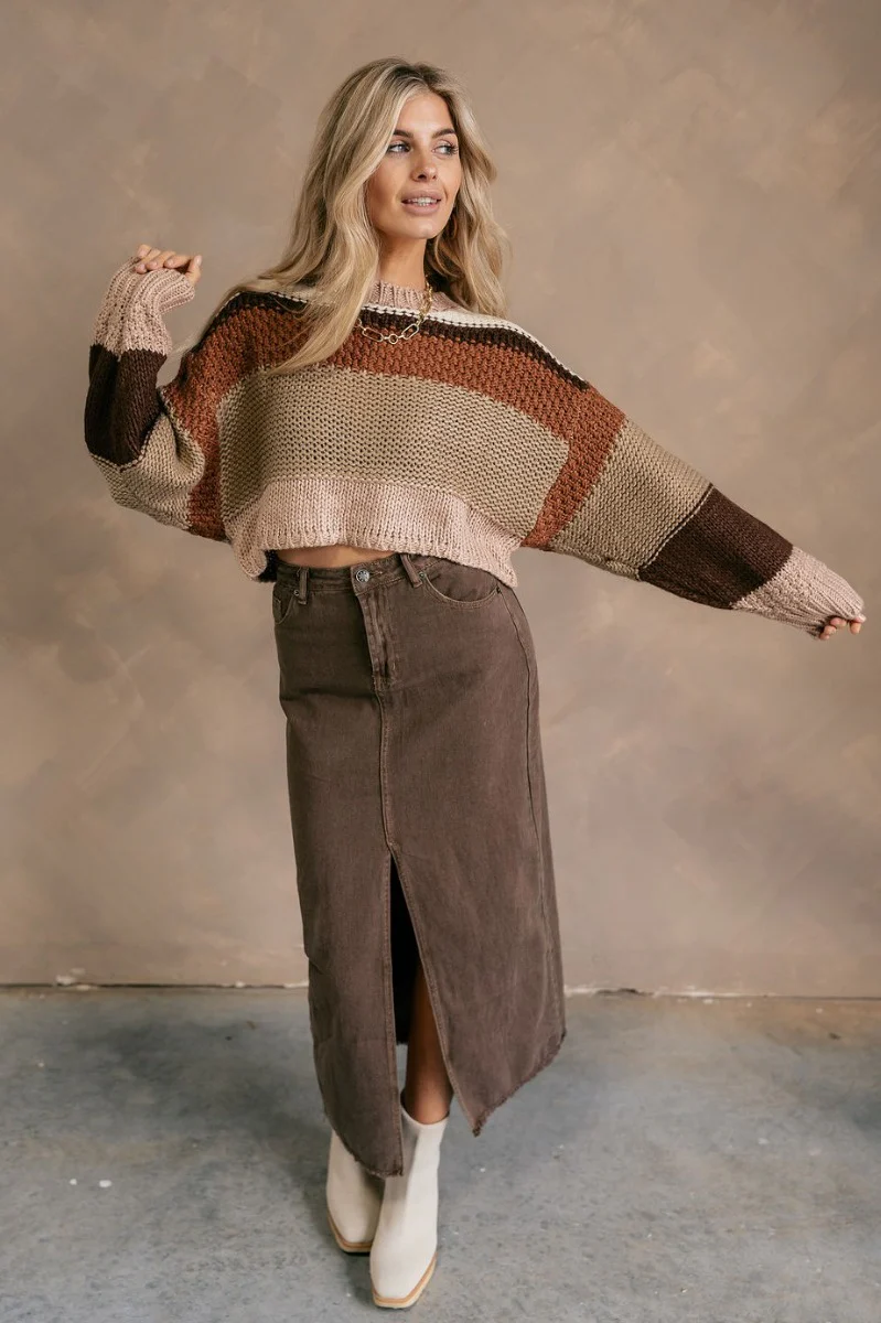 Carli Brown Striped Cropped Sweater - Image 4