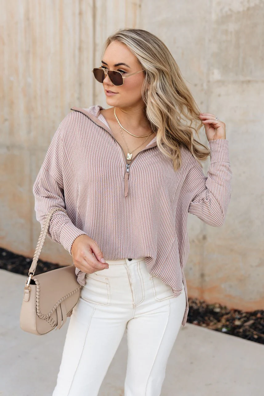 Carly Taupe Quarter-Zip Top