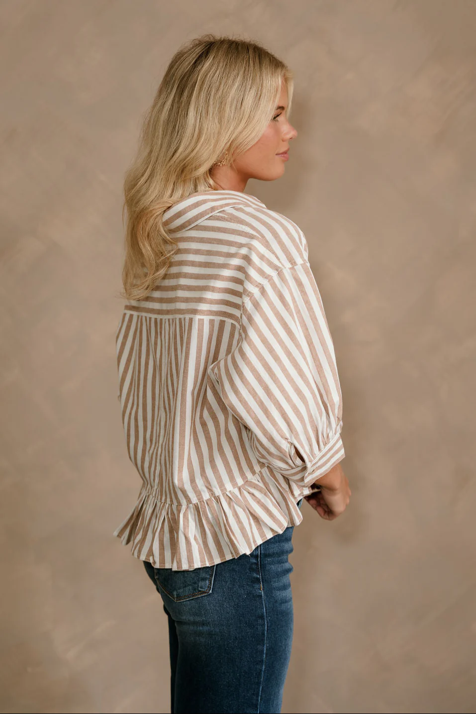 Carmen Brown & White Stripe Peplum Top - Image 5