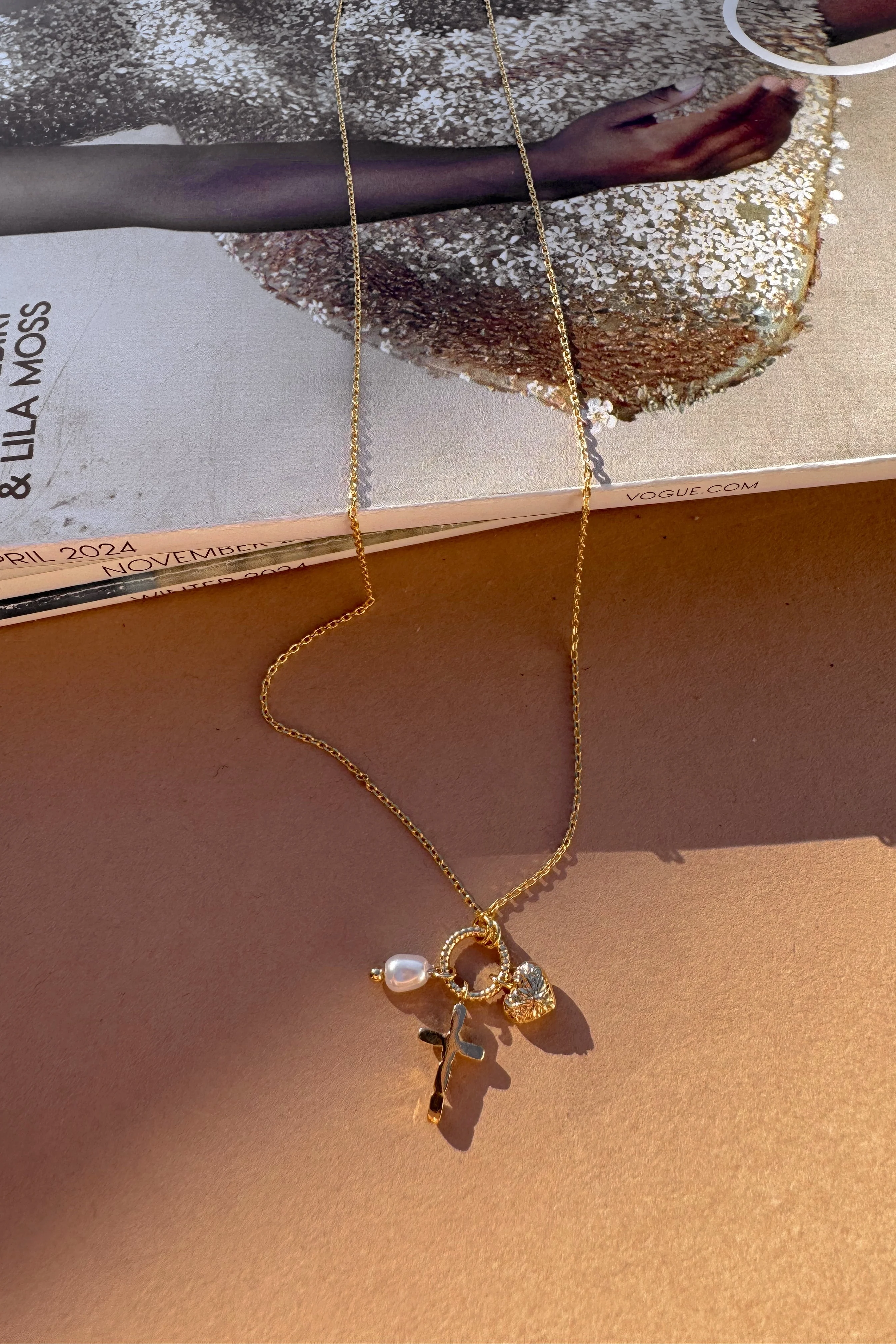 Caroline Pearl & Gold Cross Necklace