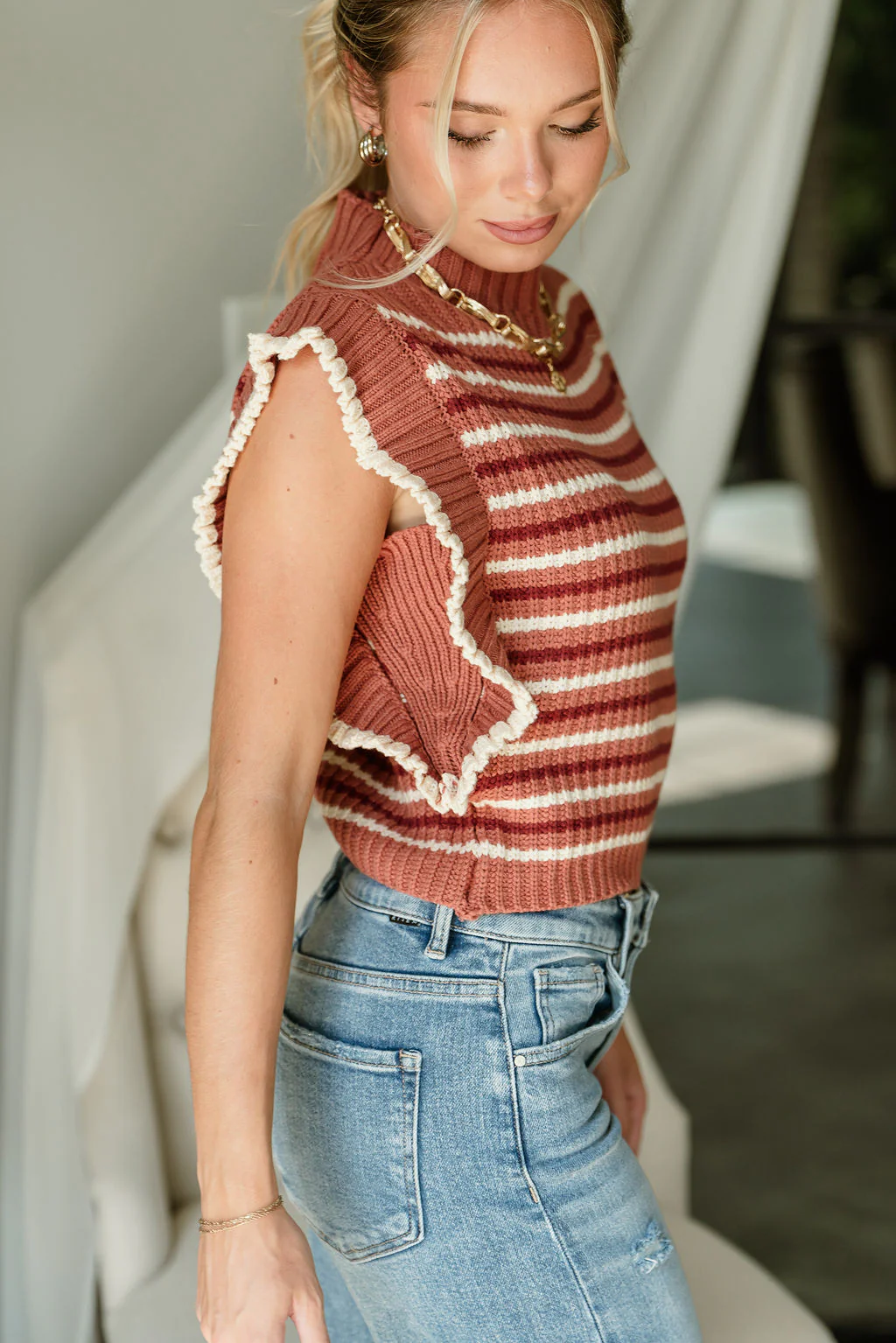 Carolyn Rust Striped Sleeveless Sweater - Image 3