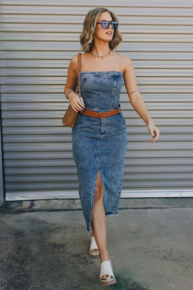 Carrie Washed Denim Slit Strapless Midi Dress