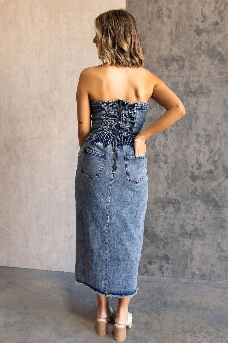 Carrie Washed Denim Slit Strapless Midi Dress - Image 10