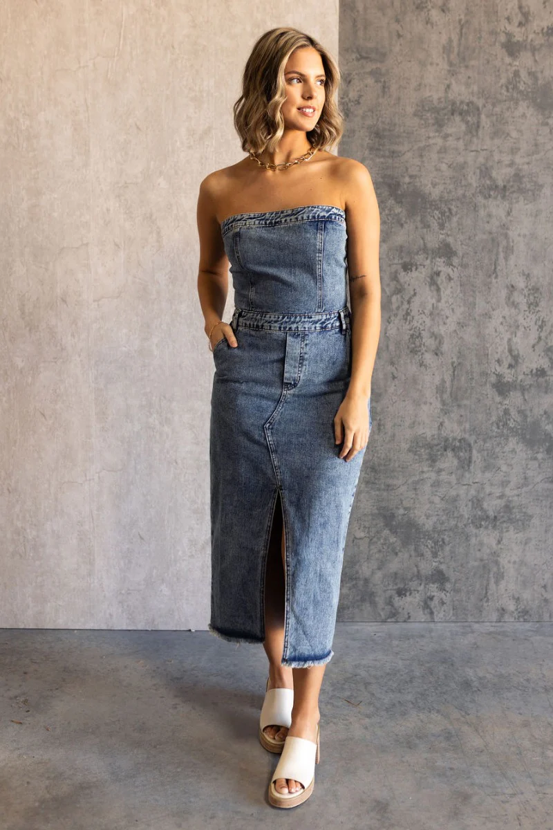 Carrie Washed Denim Slit Strapless Midi Dress - Image 2
