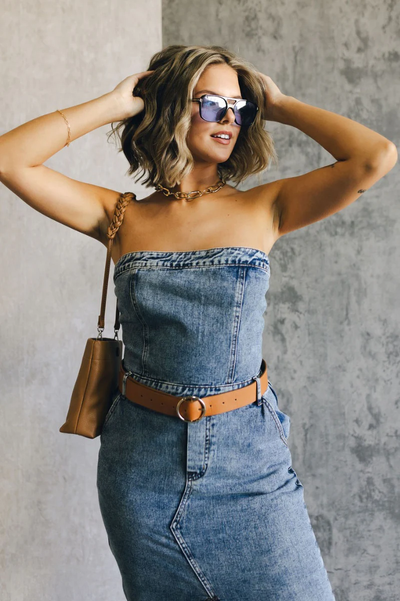 Carrie Washed Denim Slit Strapless Midi Dress - Image 3