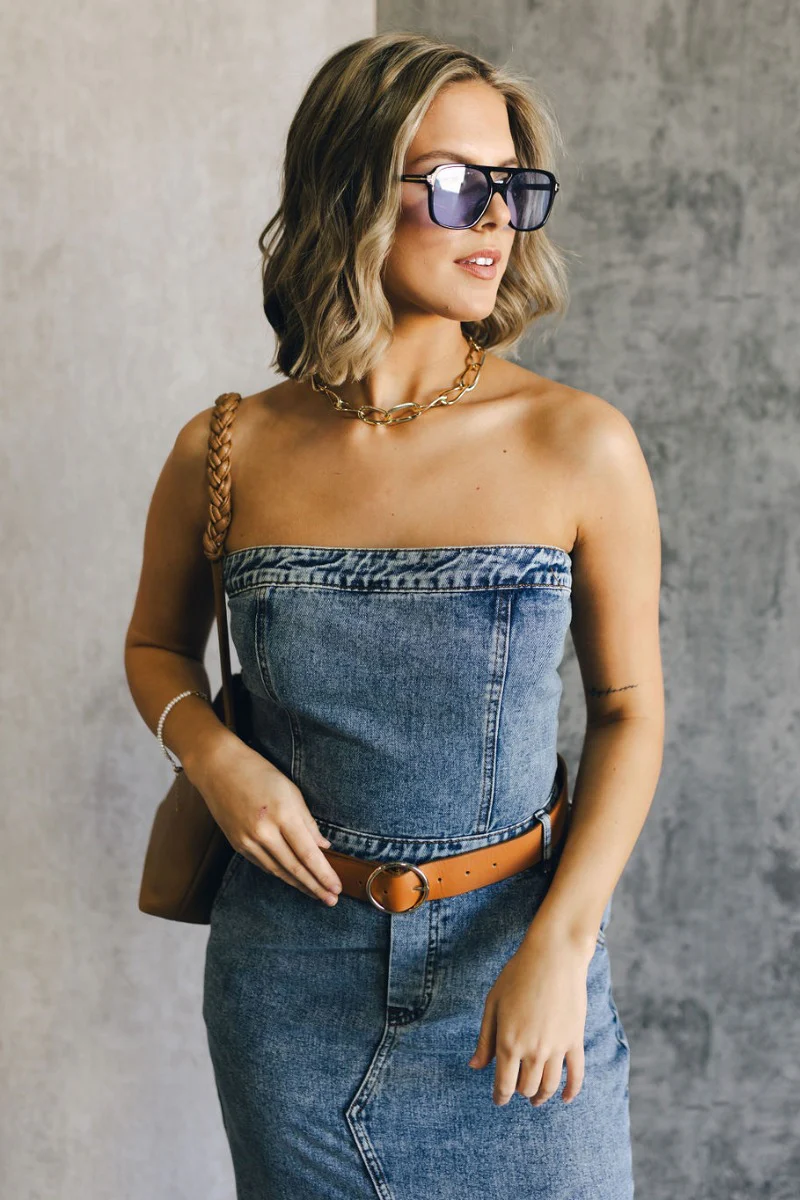 Carrie Washed Denim Slit Strapless Midi Dress - Image 4