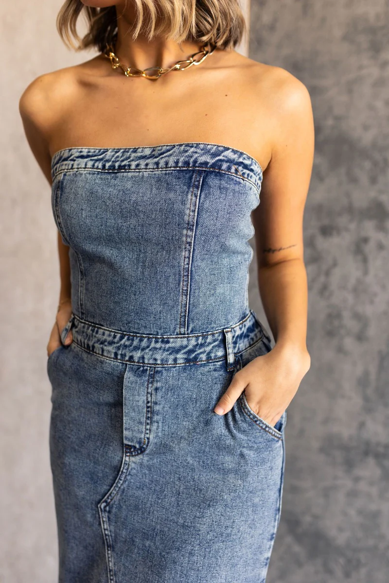 Carrie Washed Denim Slit Strapless Midi Dress - Image 7