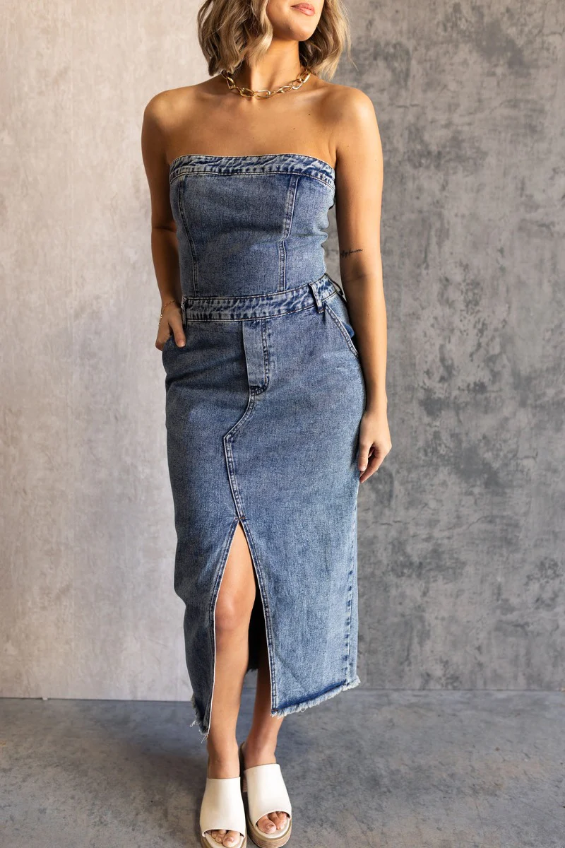 Carrie Washed Denim Slit Strapless Midi Dress - Image 8