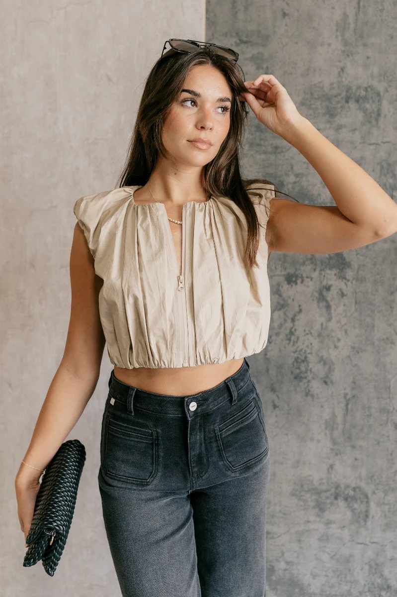 Casey Khaki Zip-Front Cropped Tank Top