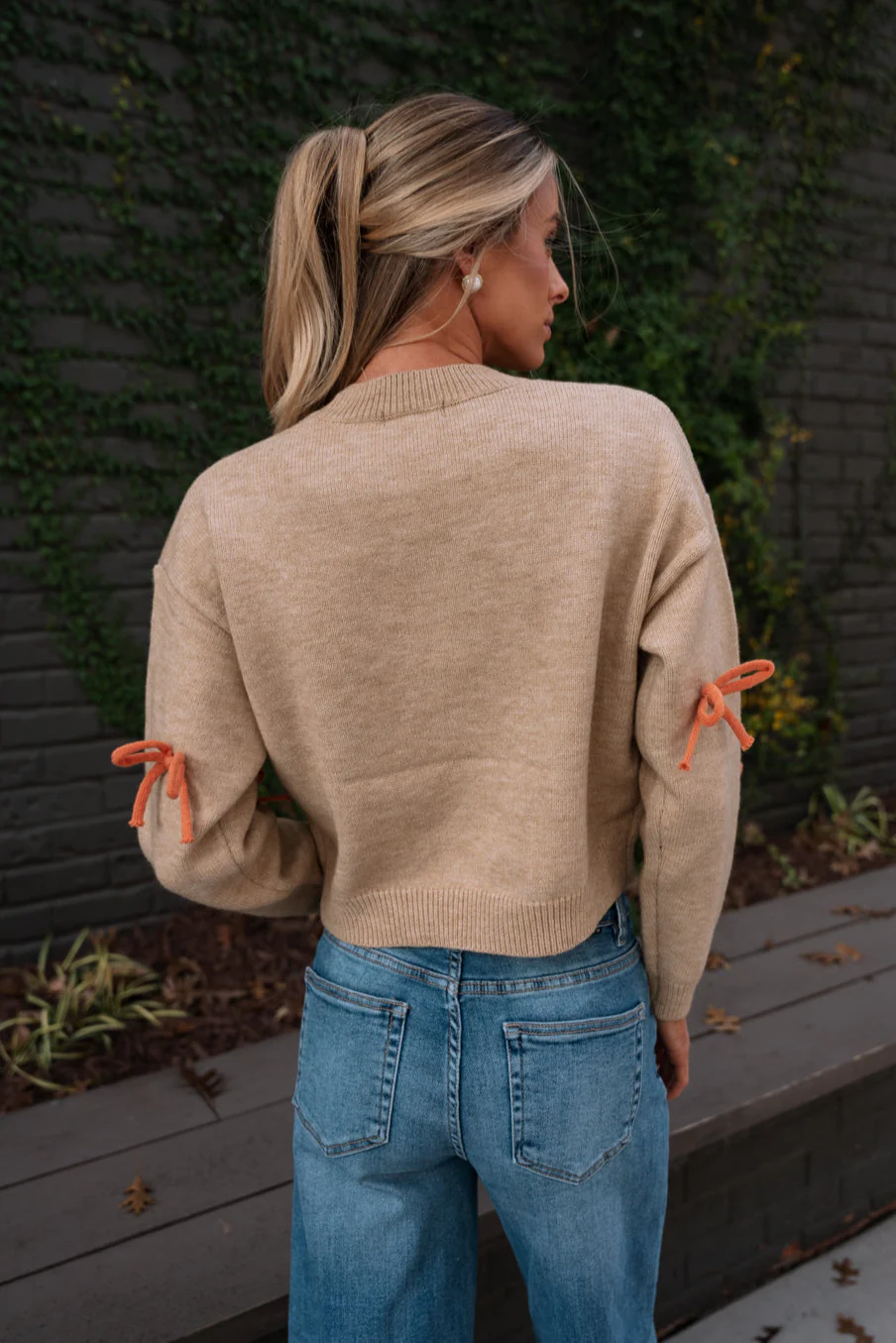Cassidy Oatmeal & Orange Bows Knit Sweater - Image 4