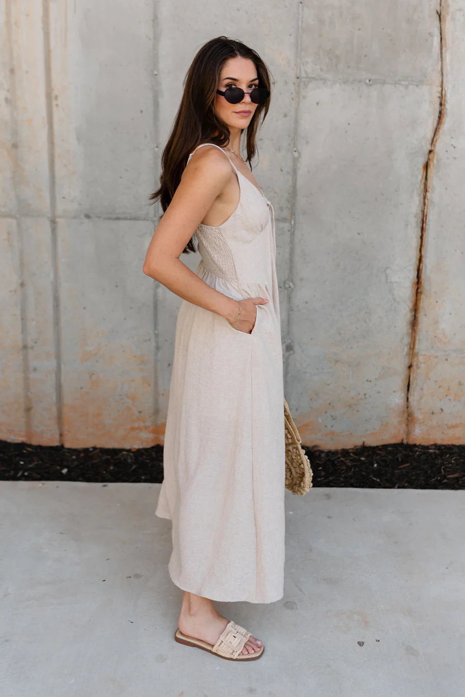 Cassie Beige Pleated Sleeveless Maxi Dress - Image 5