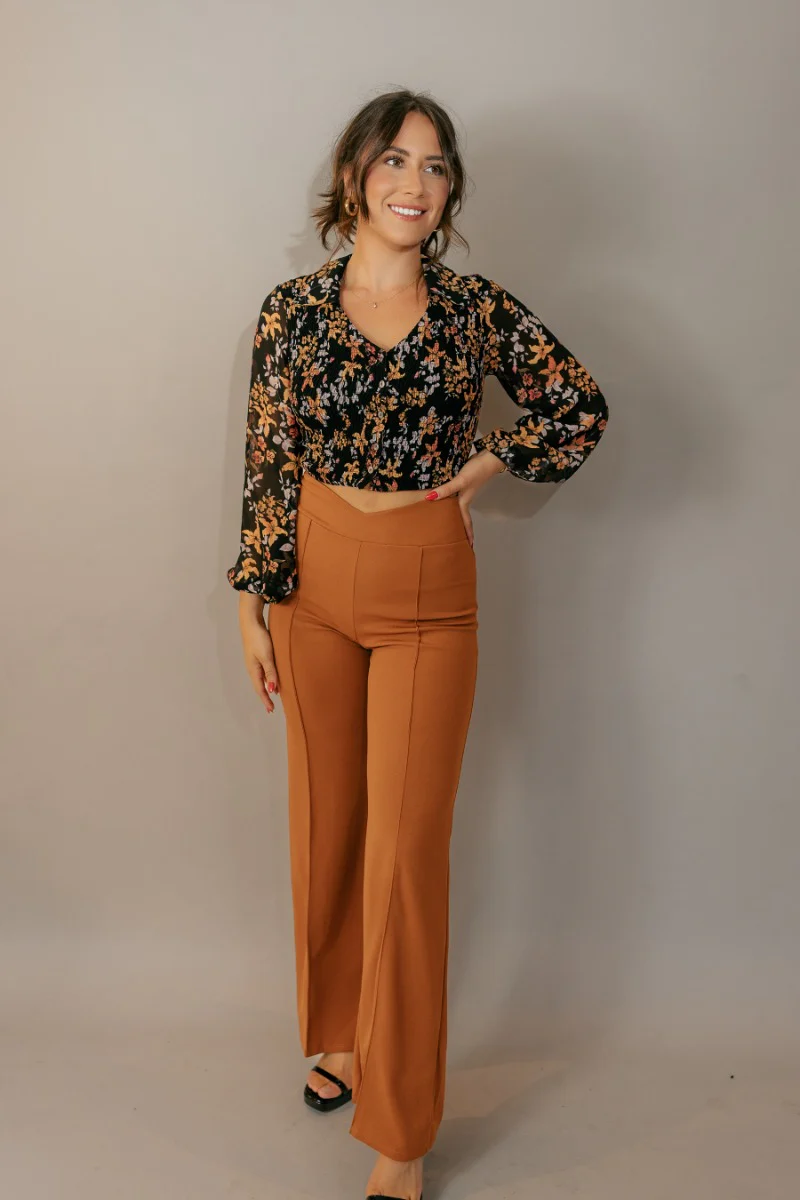 Cecilia Black Floral Long Sleeve Cropped Top