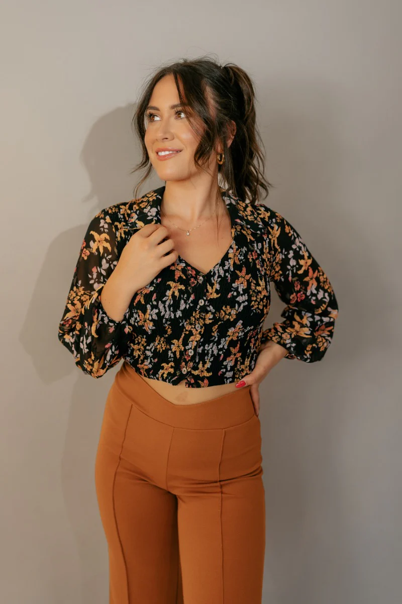 Cecilia Black Floral Long Sleeve Cropped Top - Image 2