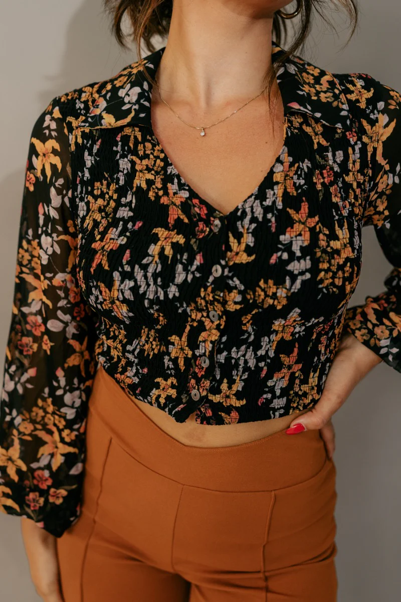 Cecilia Black Floral Long Sleeve Cropped Top - Image 3