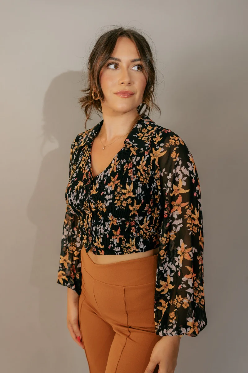 Cecilia Black Floral Long Sleeve Cropped Top - Image 4