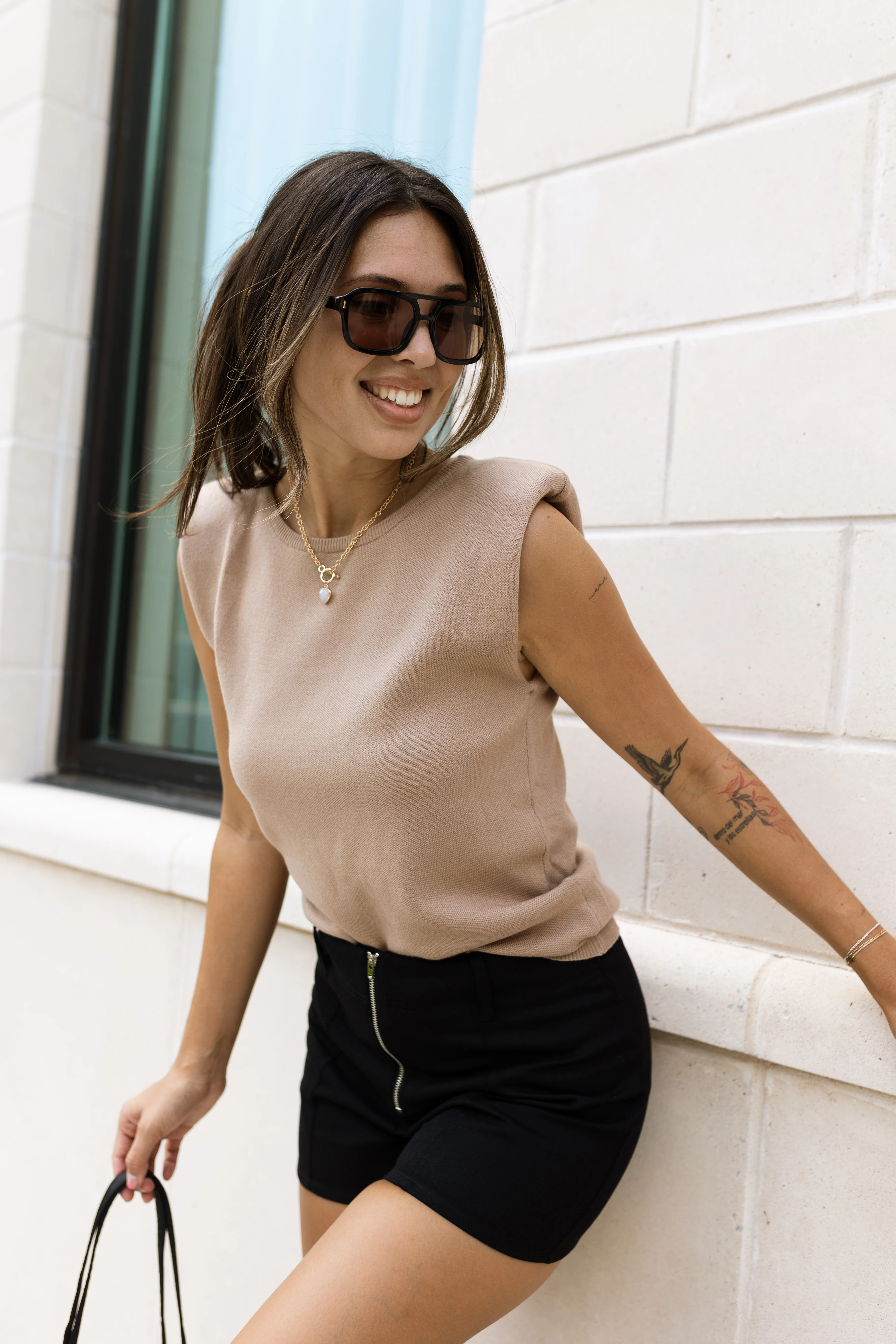 Cecilia Taupe Padded Shoulder Tank