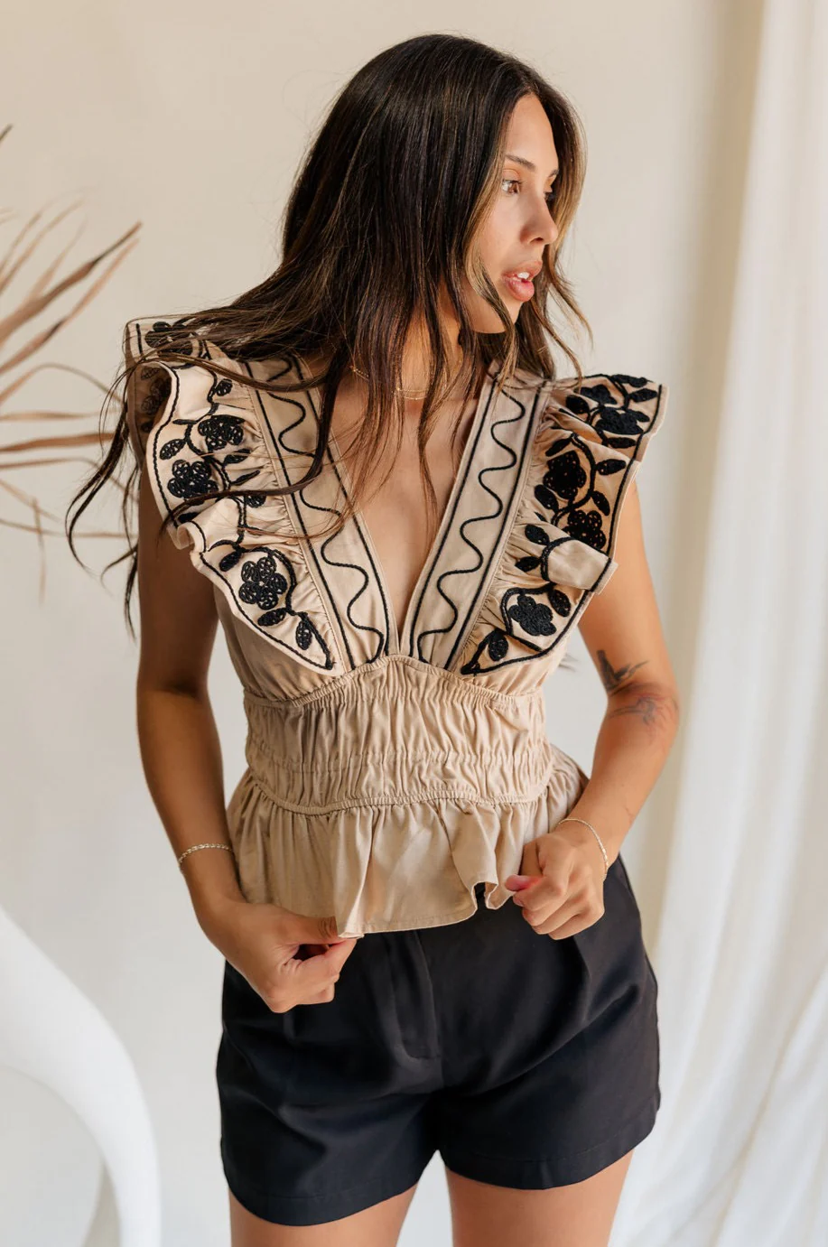 Celeste Black & Sand Floral Ruffle Tank
